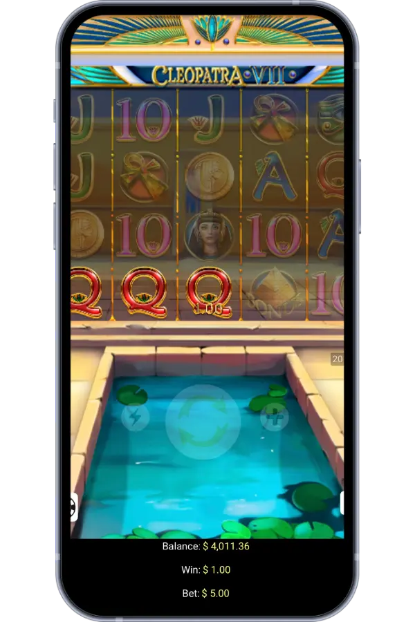 Cleopatra VII slot main screen with throne room and Egyptian queen