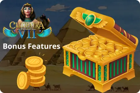 Bonus Features promo with overflowing treasure chest of gold coins and pyramid background