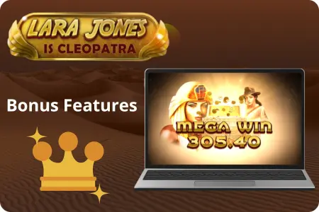 Lara Jones is Cleopatra slot bonus features with mega win display on laptop screen