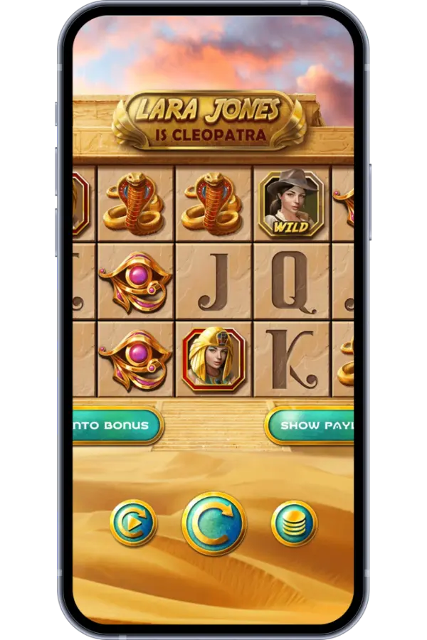 Lara Jones is Cleopatra reels spinning with wild symbols and tomb background
