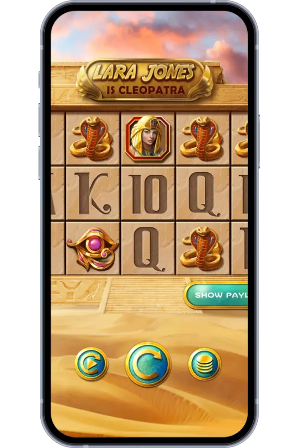 Lara Jones is Cleopatra slot main screen with adventure theme and Egyptian temple