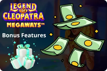 Legend of Cleopatra Megaways logo with flying cash, gift boxes