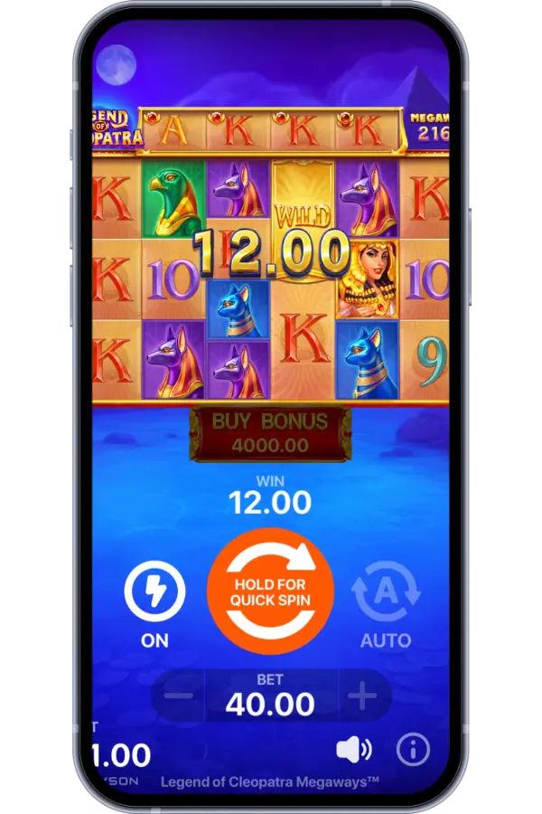 Legend of Cleopatra Megaways main game screen with full reel layout