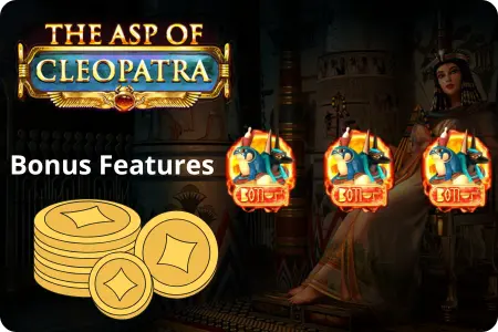 The Asp of Cleopatra slot game logo with Cleopatra portrait, three glowing Anubis bonus symbols, and gold coins stack