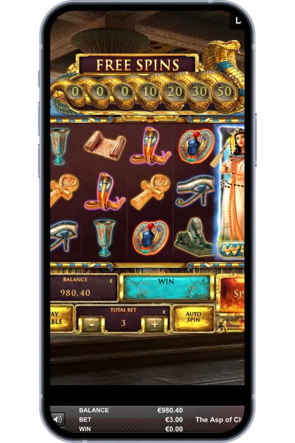 The Asp of Cleopatra slot main screen with Egyptian reels