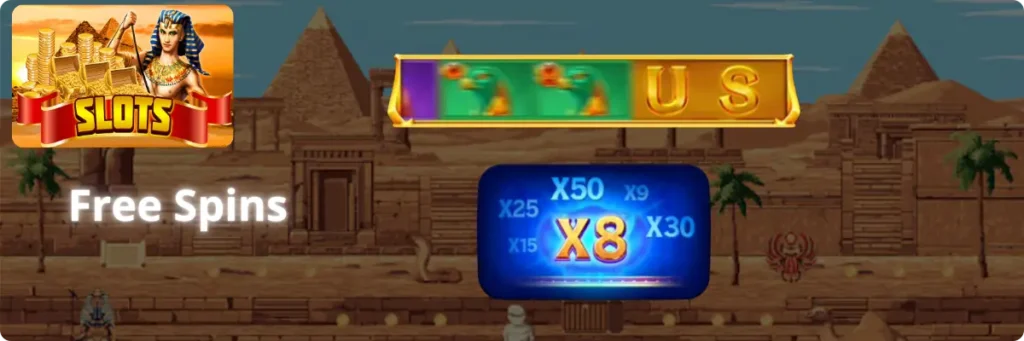 Free spins bonus round with multiple multipliers like x50, x25, x8 and scatter symbols