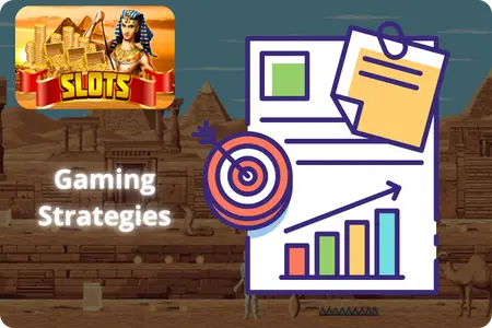 Egyptian slots: gaming strategies chart with Cleopatra icon and pyramids