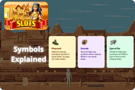 Egyptian slot symbols: Pharaoh (top payout), Scarab (wild), Eye of Ra (medium pay)