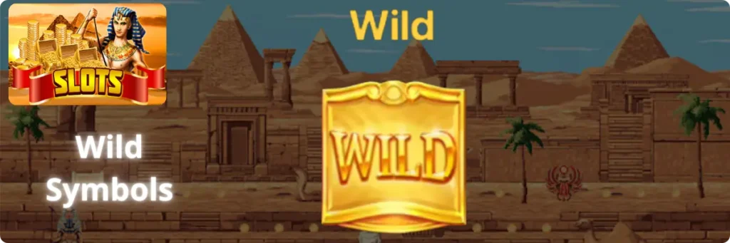 Wild symbol featuring golden Wild frame with Cleopatra and pyramids background