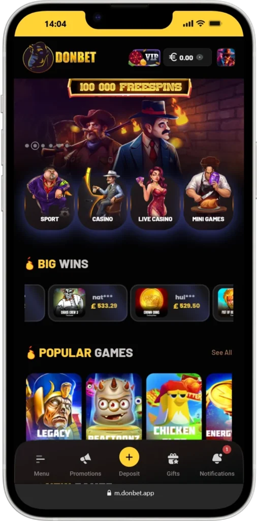 Donbet mobile casino homepage: 100k freespins banner, big wins leaderboard, popular games (Legacy of Dead, Reactoonz, Chicken Slot, Energy Hold), navigation: Casino, Sports, Promotions.