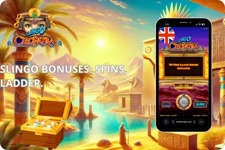 Slingo Cleopatra promo image: Egyptian sunset with pyramids and Sphinx, treasure chest, phone displaying 90 Free Games Bonus screen, text "Slingo Bonuses: Spins, Ladder", UK flag.