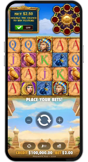 Egyptian-themed symbols including Pharaoh, Falcon and card icons displayed on the reels before spinning