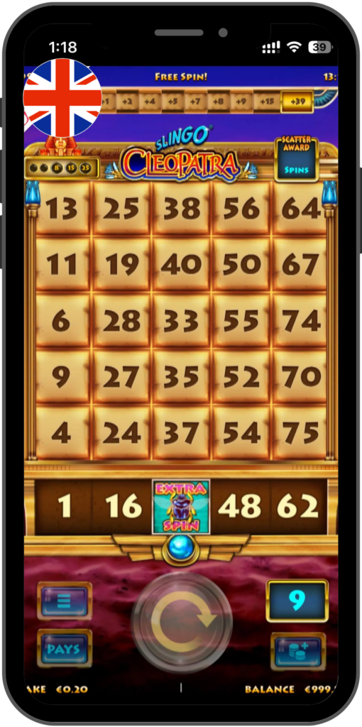 Mobile Slingo Cleopatra: Free Spin! screen, bingo grid in Egyptian style, highlighted gems, Extra Spin feature active, spin controls shown