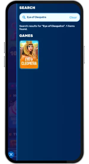 Casino game library filtered by Pragmatic Play provider with the Eye of Cleopatra slot tile highlighted in the results