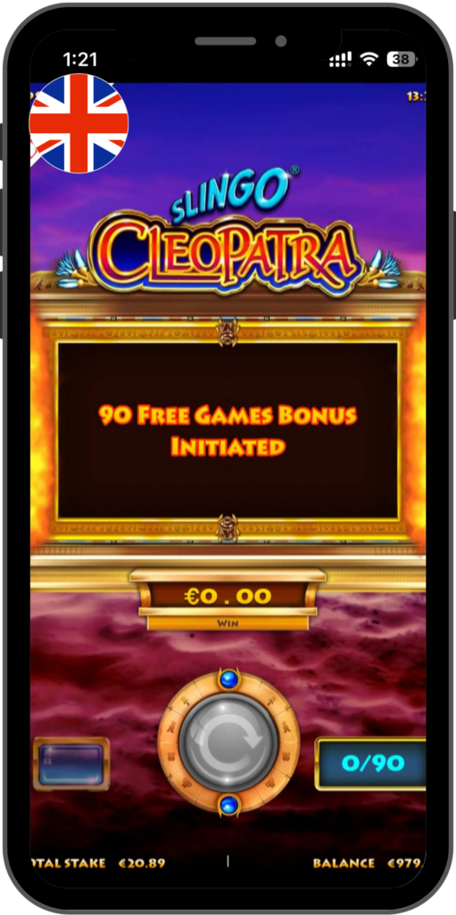Mobile Slingo Cleopatra: 90 Free Games Bonus started screen, big bonus initiation text, Egyptian purple-gold theme, spin controls and counters shown.