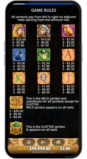 Game rules screen showing all symbols with their three-of-a-kind, four-of-a-kind and five-of-a-kind payouts