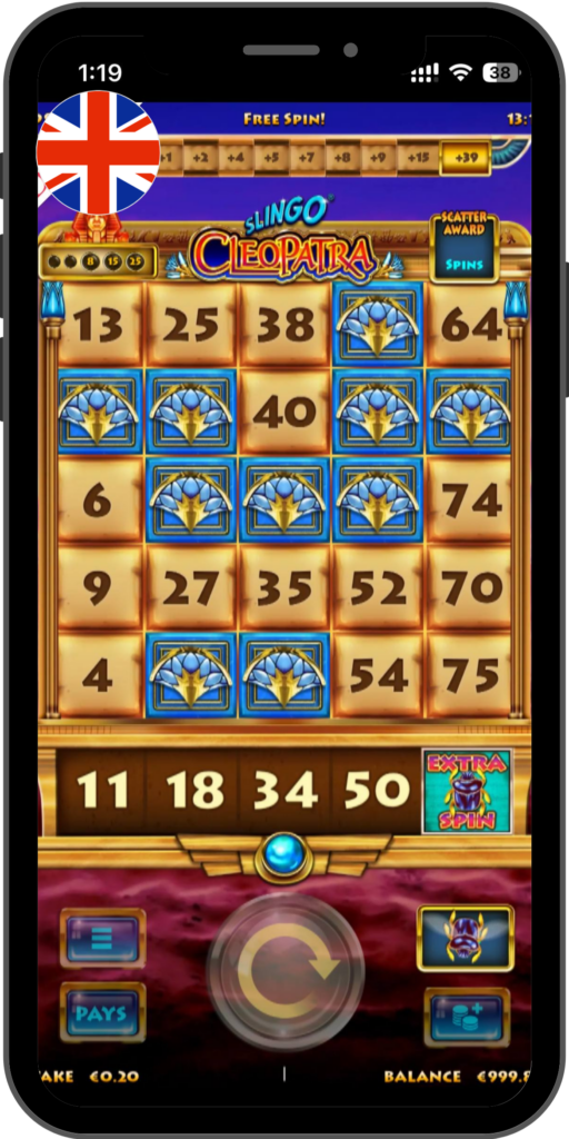 Mobile Slingo Cleopatra screen: Free Spin! mode, bingo grid in Egyptian style, highlighted gems, Extra Spin feature, and spin controls visible.