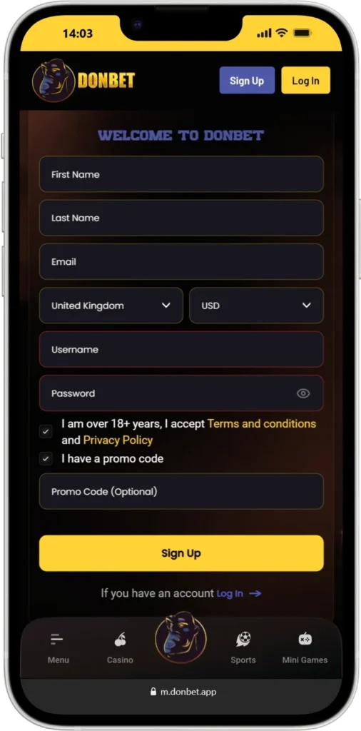 Donbet casino mobile registration form: Sign Up button, promo code field, inputs for First Name, Last Name, Email, Username, Password, country United Kingdom, currency USD.