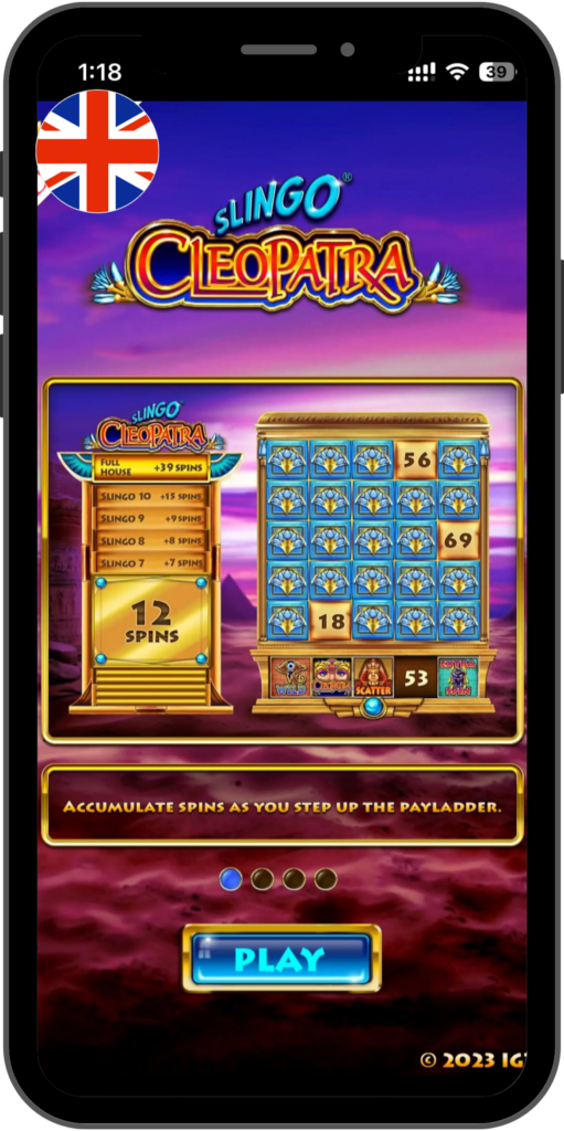 Slingo Cleopatra game interface: payladder bonus screen with spin rewards, Egyptian bingo grid, wild and scatter symbols, pyramid scenery, and PLAY button.