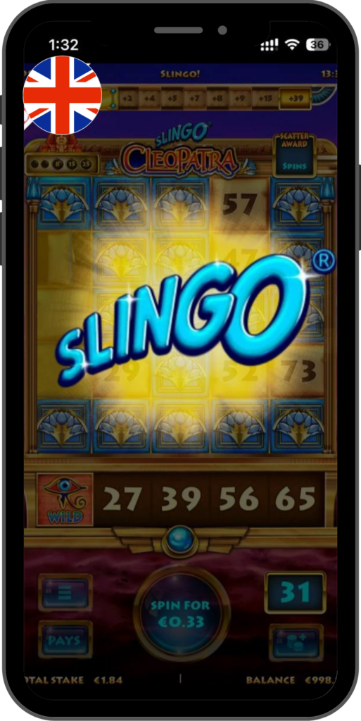 Slingo Cleopatra mobile game screen with big glowing "SLINGO!" win text over Egyptian bingo grid, Wild icon, spin button and balance visible.