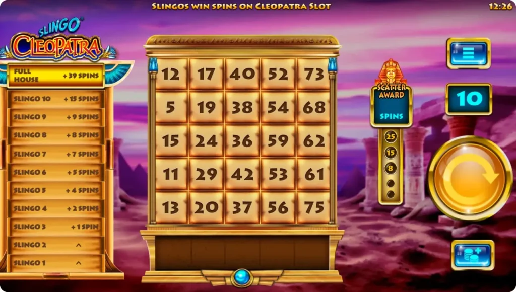 Slingo Cleopatra mobile screen: Egyptian bingo grid on golden tiles, payladder (left) with Slingo levels and spins (up to Full House +39), scatter spins counter, Cleopatra statue, purple-pink sky with pyramids, spin button and controls visible.