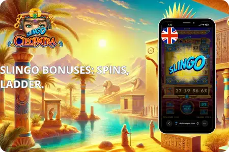 Slingo Cleopatra promo: Egyptian sunset with pyramids and Sphinx, phone showing Slingo grid and "SLINGO" win, text "Spins, Ladder", UK flag.