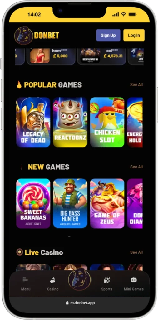 Donbet mobile casino homepage with popular games, big wins section, Sign Up button and 100 000 freespins promotion