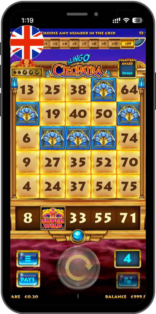 Mobile game screen of Slingo Cleopatra: bingo grid in Egyptian theme with Cleopatra and gem symbols, highlighted special cells, drawn numbers displayed at the bottom, Super Wild Cleopatra icon, bonus meter, player balance and current stake visible. Golden and purple color scheme with ancient Egyptian design.